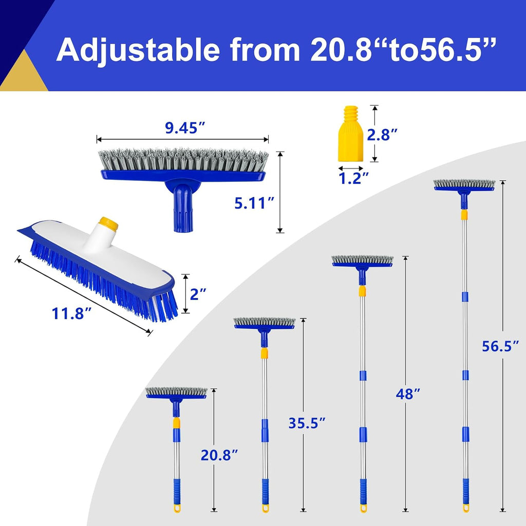 12" Wide Floor Scrub and Grout Brush Set With Long Extendable Handle - Stiff Bristle Heavy Duty Cleaner for Tile, Deck, Garage, Kitchen, Bathroom
