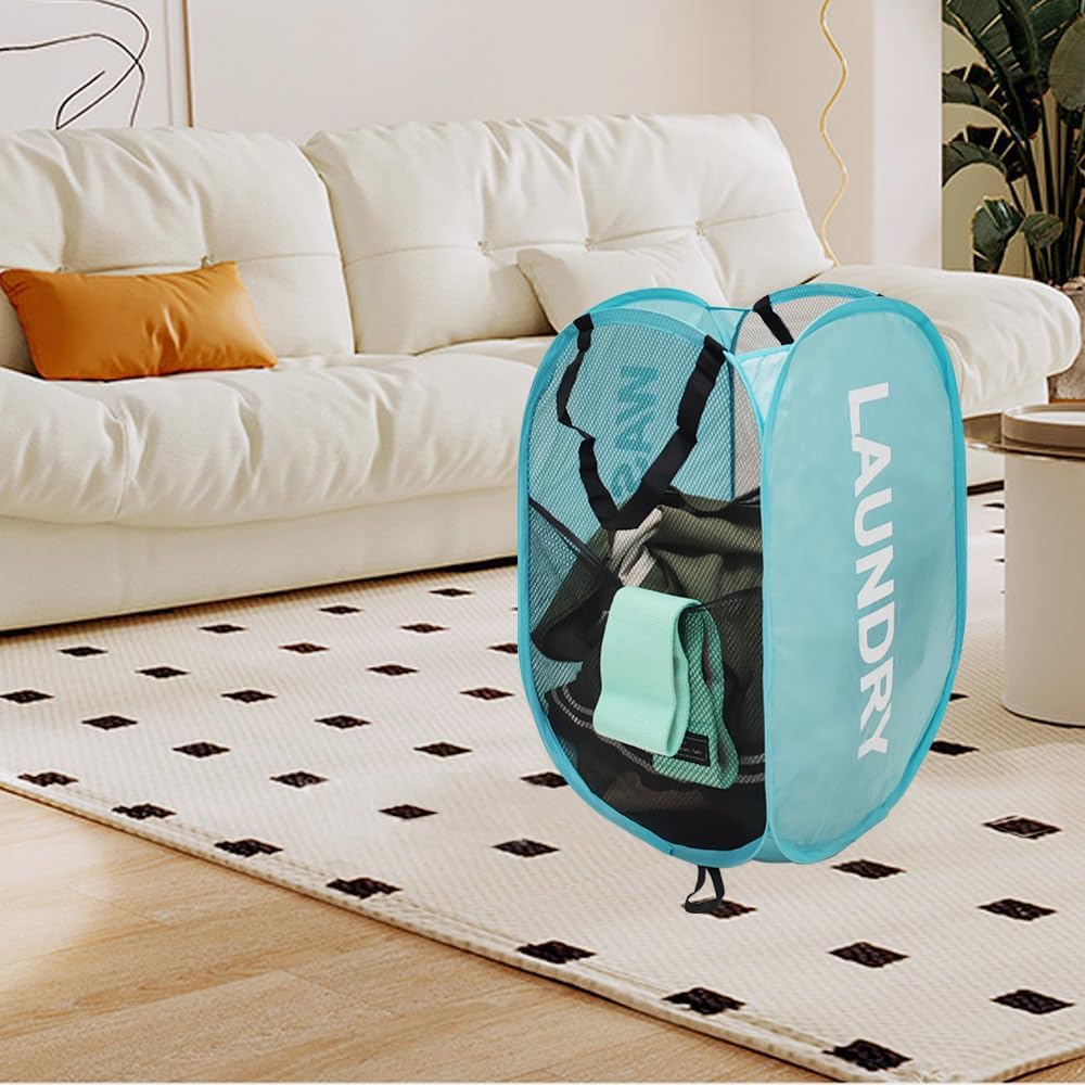 Mesh Laundry Hamper 2Pack Pop Up Hamper with Strong Handles, Collapsible Laundry Basket for Home, Bathroom, Bedroom, Travel Storage Hamper(Grey + Sky Blue)