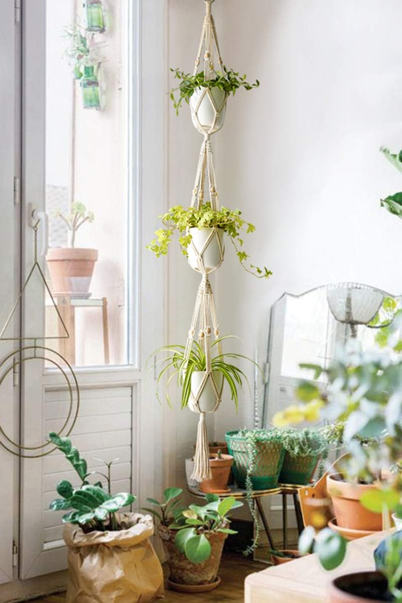 Mkono Macrame Plant Hanger 3 Tier 70" Hanging Plant Holder Indoor Outdoor