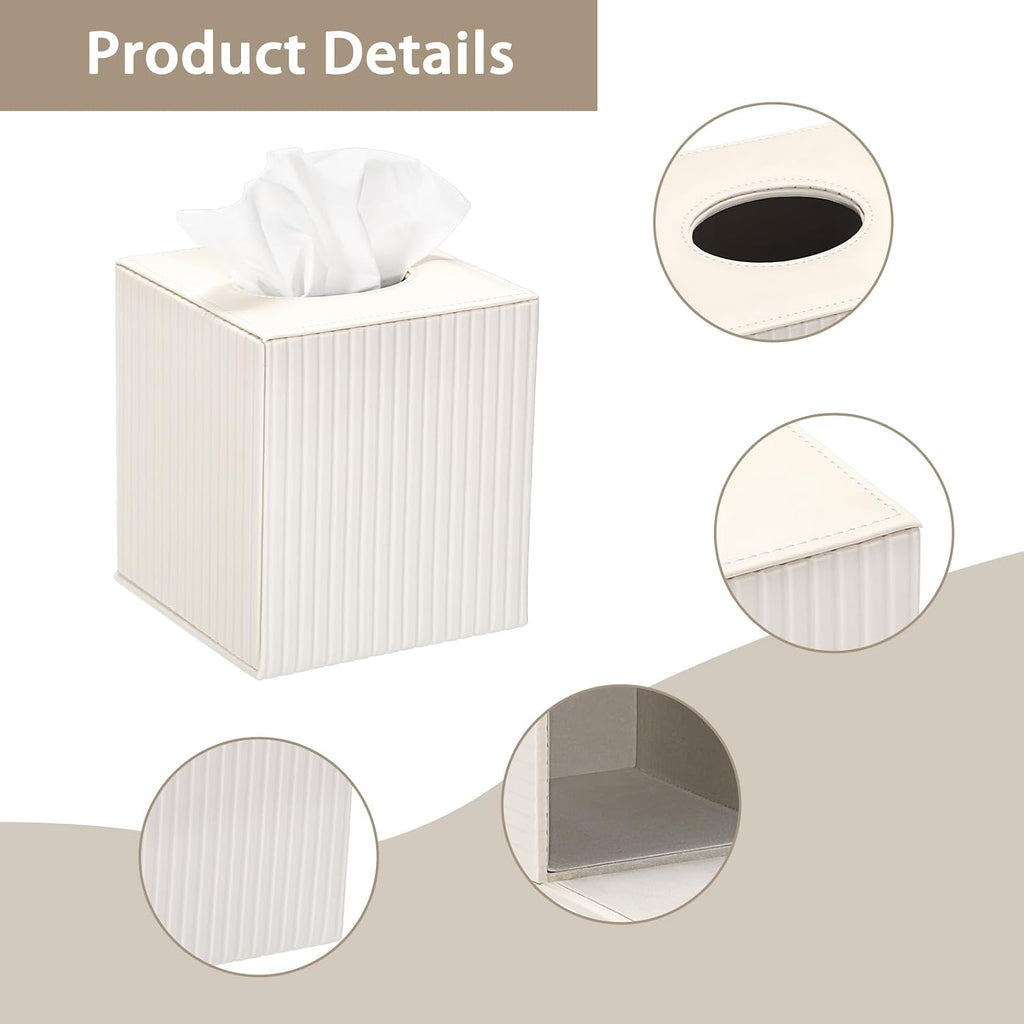 Sumnacon PU Leather Tissue Box Cover Modern Square Tissue Box Holder with Magnetic Closure Decorative Tissue Dispenser Stripes Textured Tissue Holder for Bathroom Car Home Office, Ivory