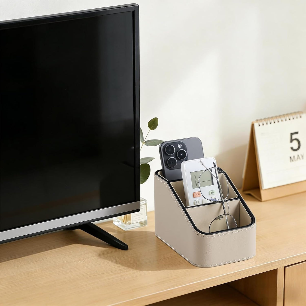 Remote Control Holder, Small Desk Organizer TV Remote Caddy, Beige