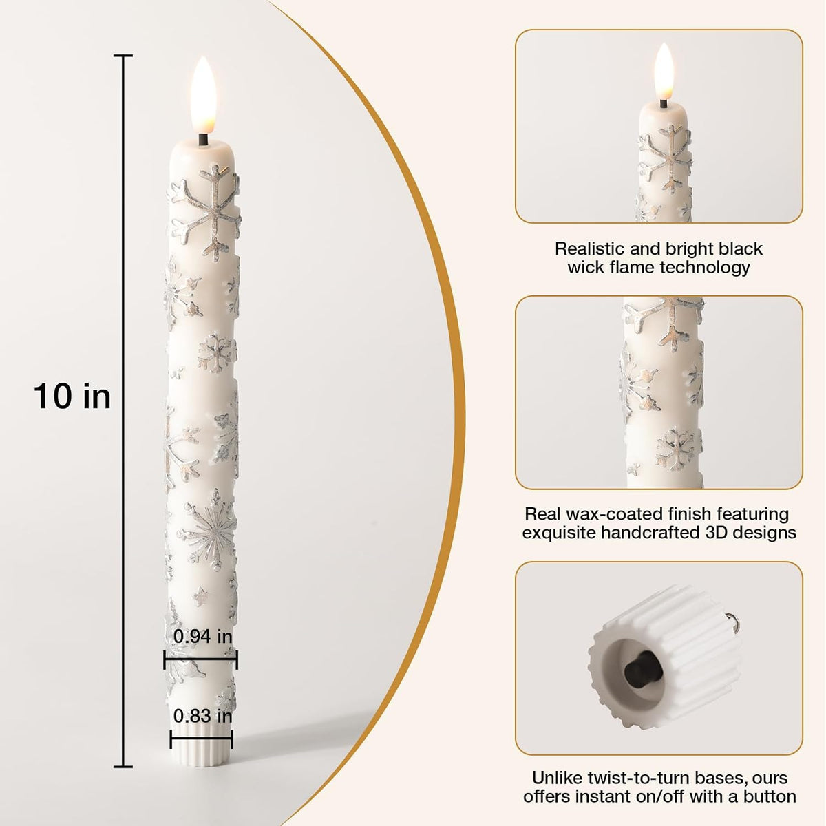 Eywamage White Snowflakes Christmas LED Taper Candles with Remote Set of 2