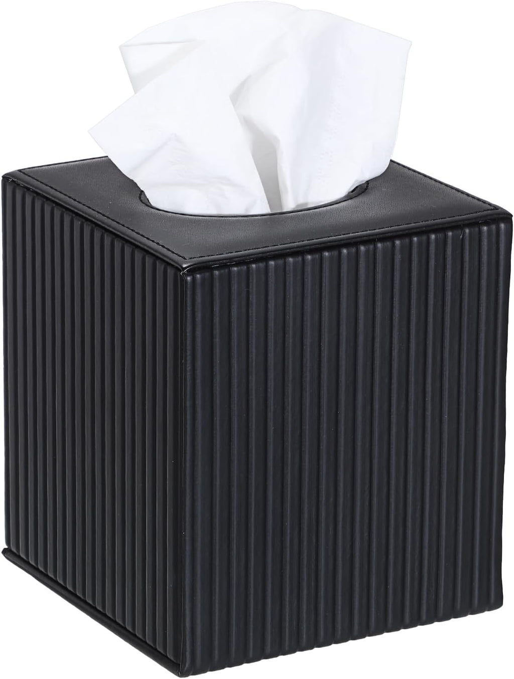 Sumnacon PU Leather Tissue Box Cover Modern Square Tissue Box Holder with Magnetic Closure Decorative Tissue Dispenser Stripes Textured Tissue Holder for Bathroom Car Home Office, Black