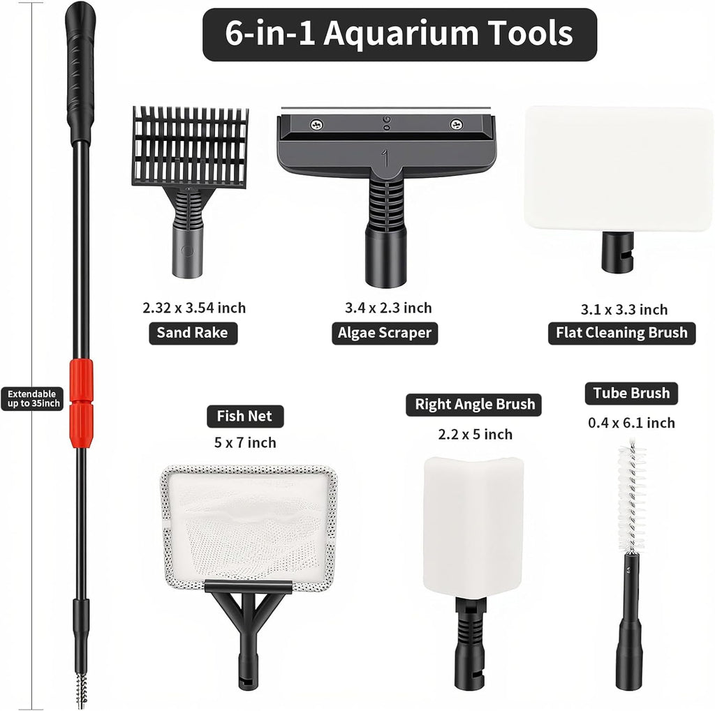 UPETTOOLS Aquarium Clean Tool 6 in 1 Fish Tank Cleaning Kit Algae Scraper Scrubber Pad Adjustable Long Handle Fish Tank Brush Cleaner Set
