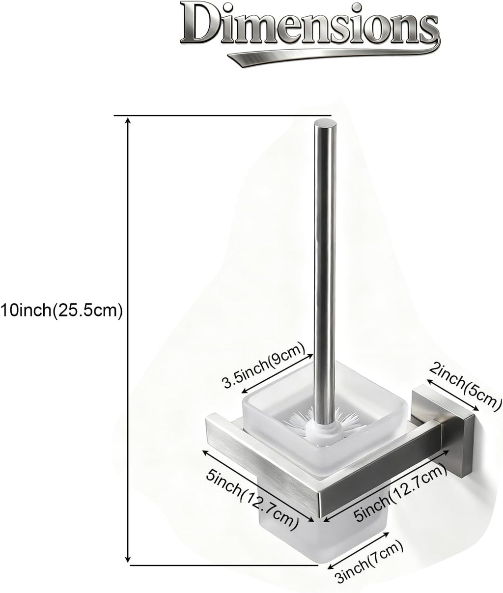 Toilet Brush and Holder Set, NEWRAIN 304 Stainless Steel Wall Mounted Toilet Brush with Long Brush Handle, Brushed Nickel Toilet Scrubber, Glass Canister