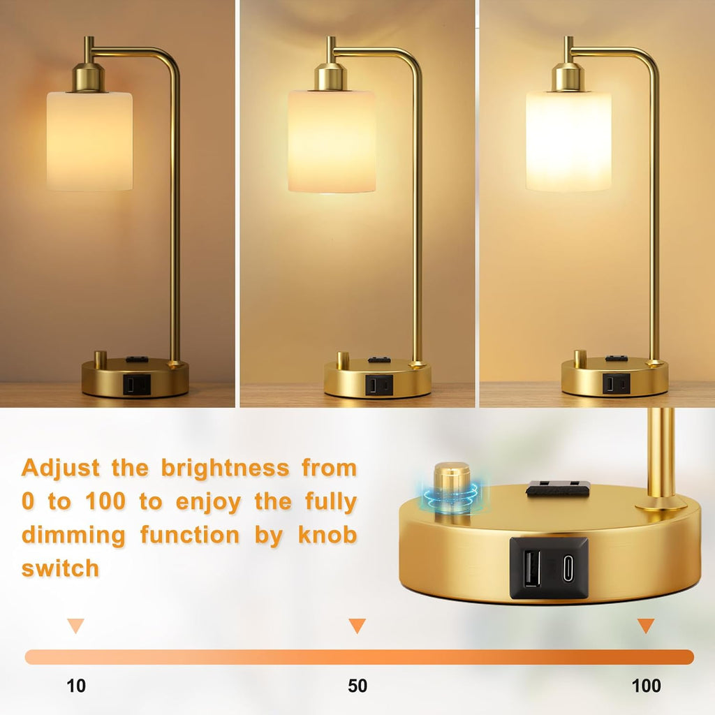 Innqoo Industrial Table Lamps for Bedroom Set of 2 - Fully Dimmable Bedside Lamps with USB Ports and Outlet, Gold Nightstand Lamps with Opal Glass Shade for Living Room, Desk Lamps for Office Reading