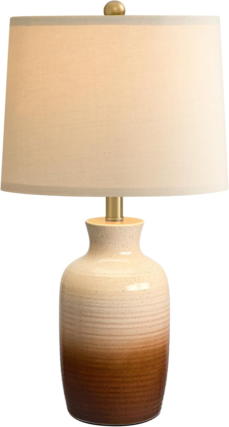 PoKat 24'' Farmhouse Handcrafted Table Lamp for Living Room, Rustic Ceramic Bedroom Lamps for Night Stands, Bedside Lamps with Soft Ombre Finish for Entryway Sideboard End Table (Beige and Brown)