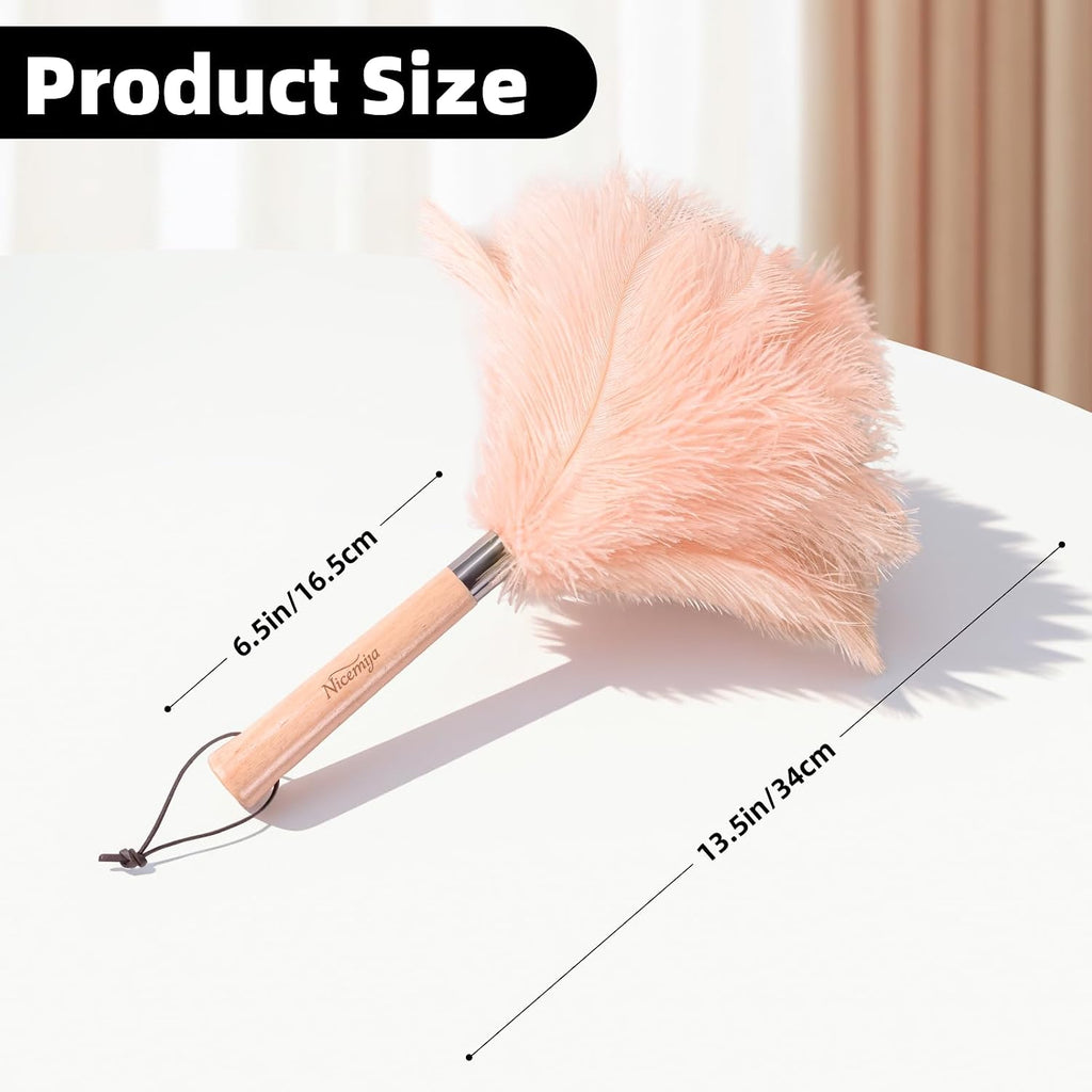 Pink Ostrich Feather Duster for Cleaning with Wooden Handle, 13.5 Inch