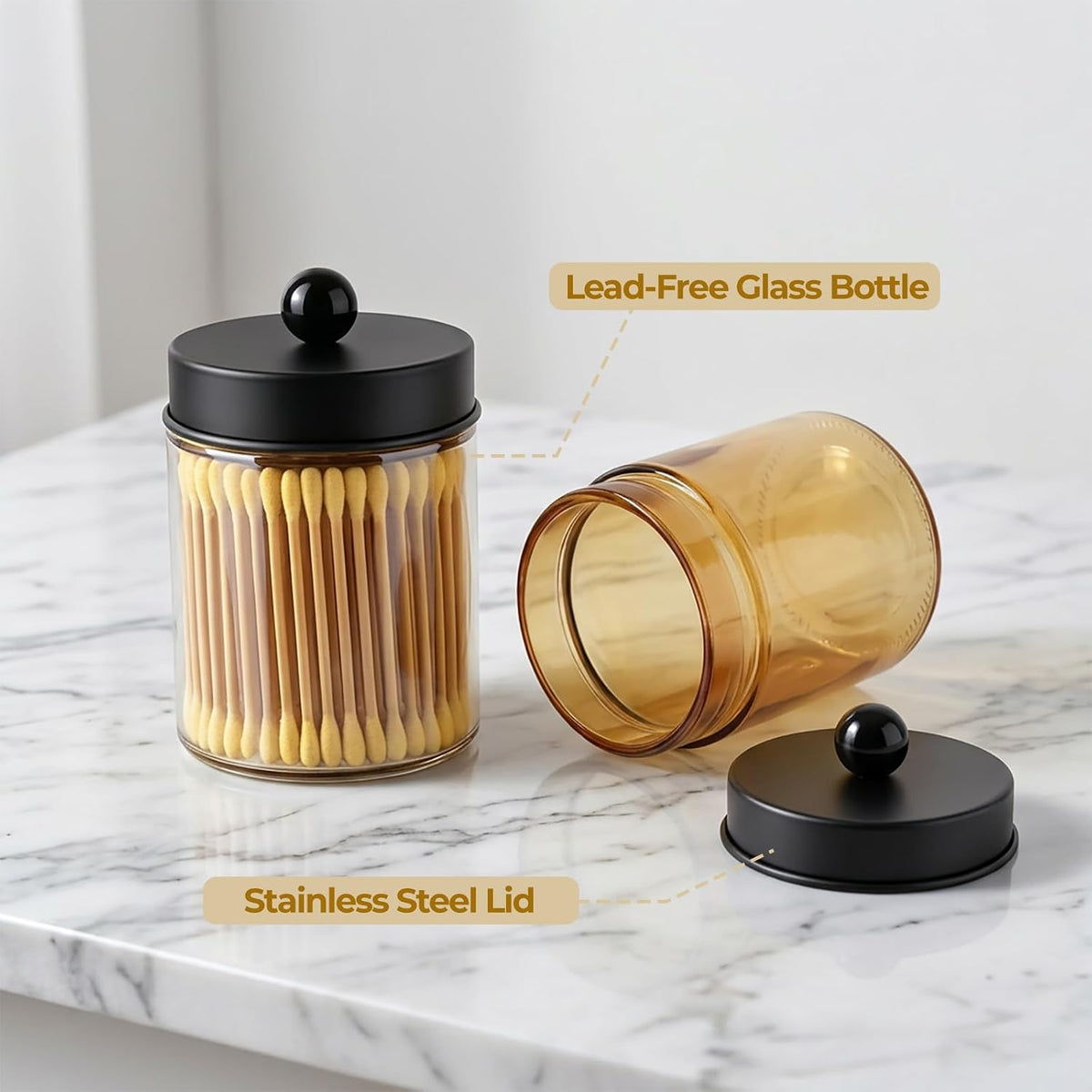 Amolliar Glass Apothecary Jar Qtip Holder w/Metal Lids, Amber-Black, 2pc