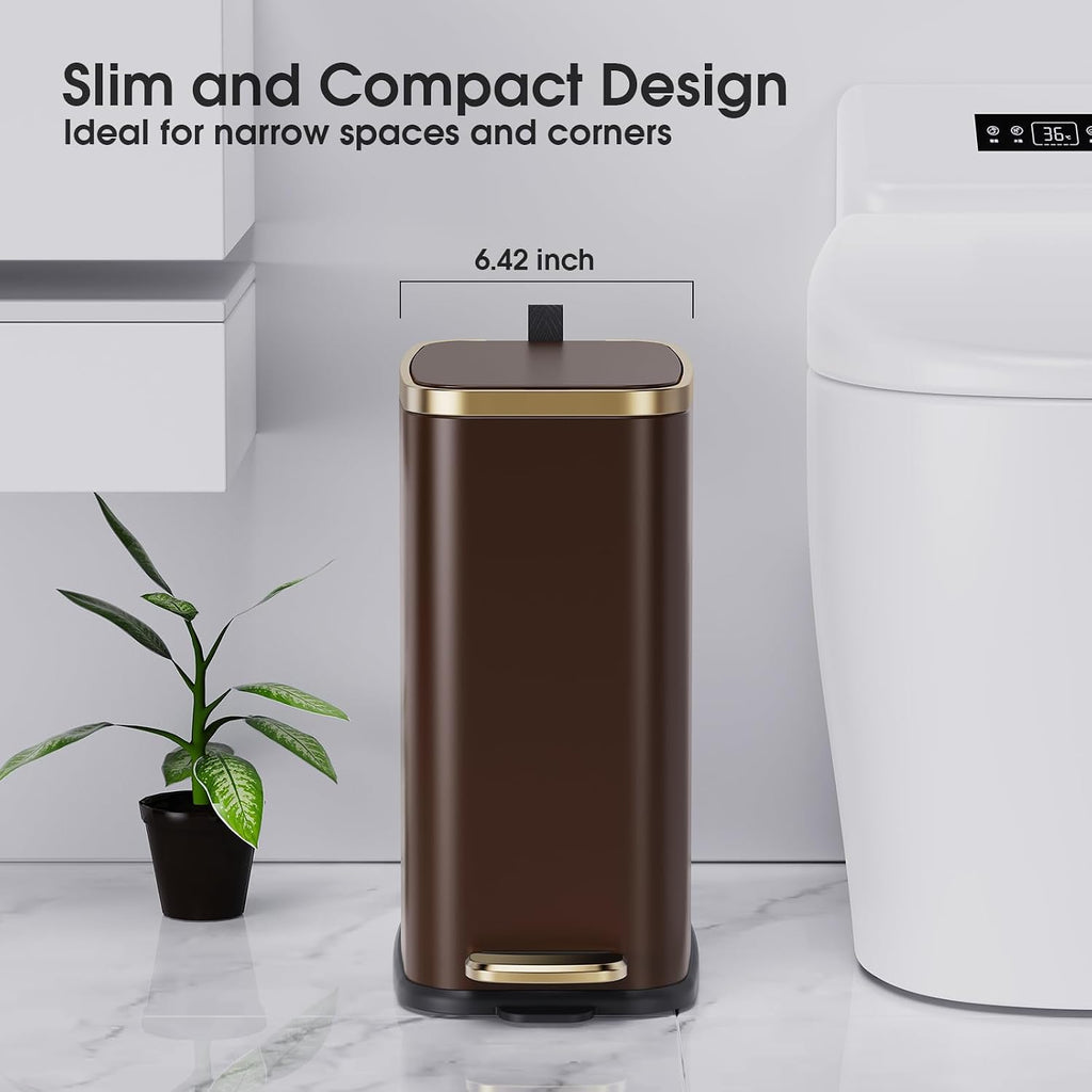 CEROELDA Small Bathroom Trash Can with Lid-5L/1.3 Gal-Soft Close Lid-Brown