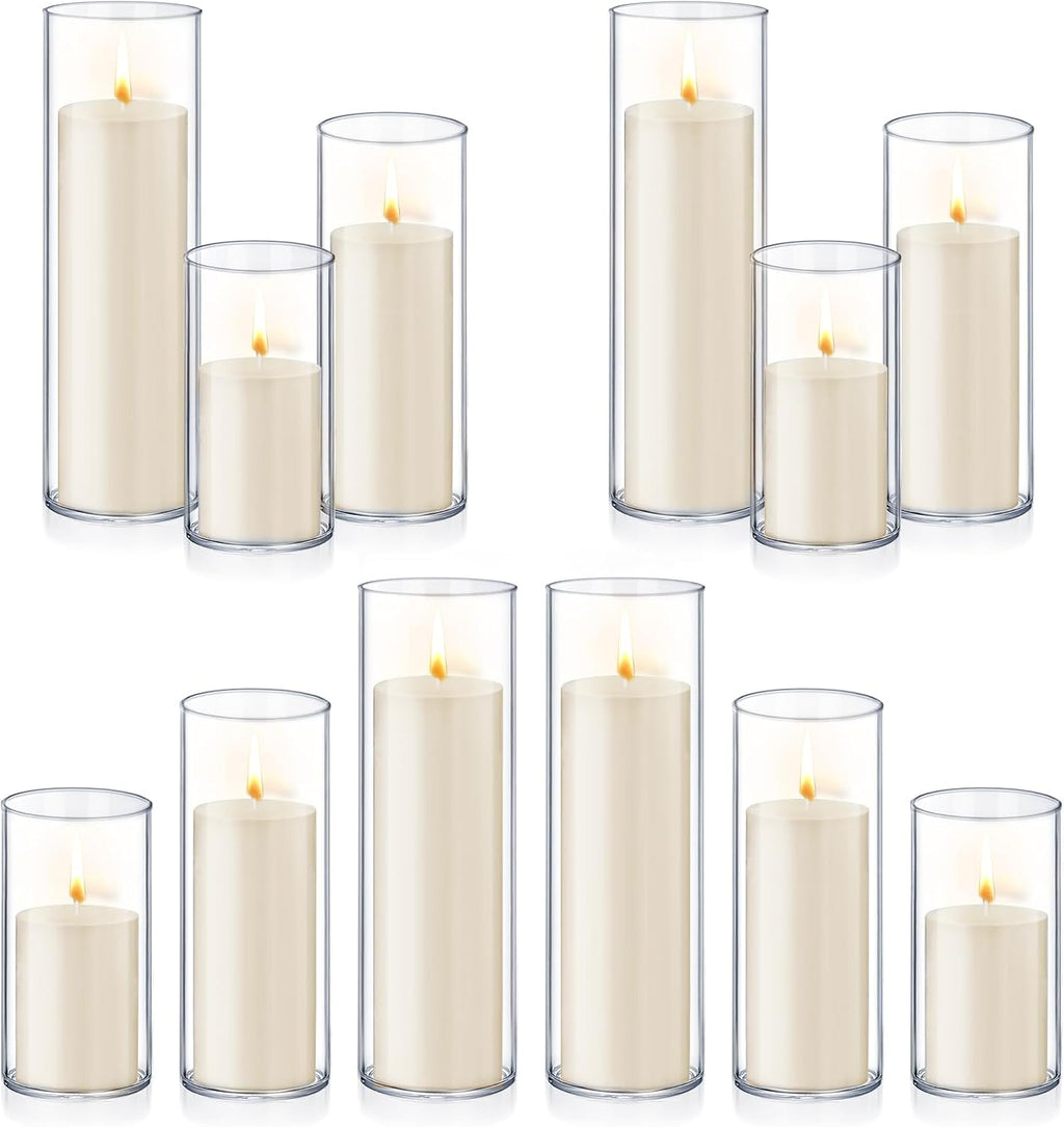 Homjoy 24 PCS Ivory White Pillar Candles with Glass Candle Holders Clear Hurricane Candle Holders Glass Cylinder Vases for Centerpieces Wedding Party, Event, Home Office (12 Candles+12 Candle Hoders)
