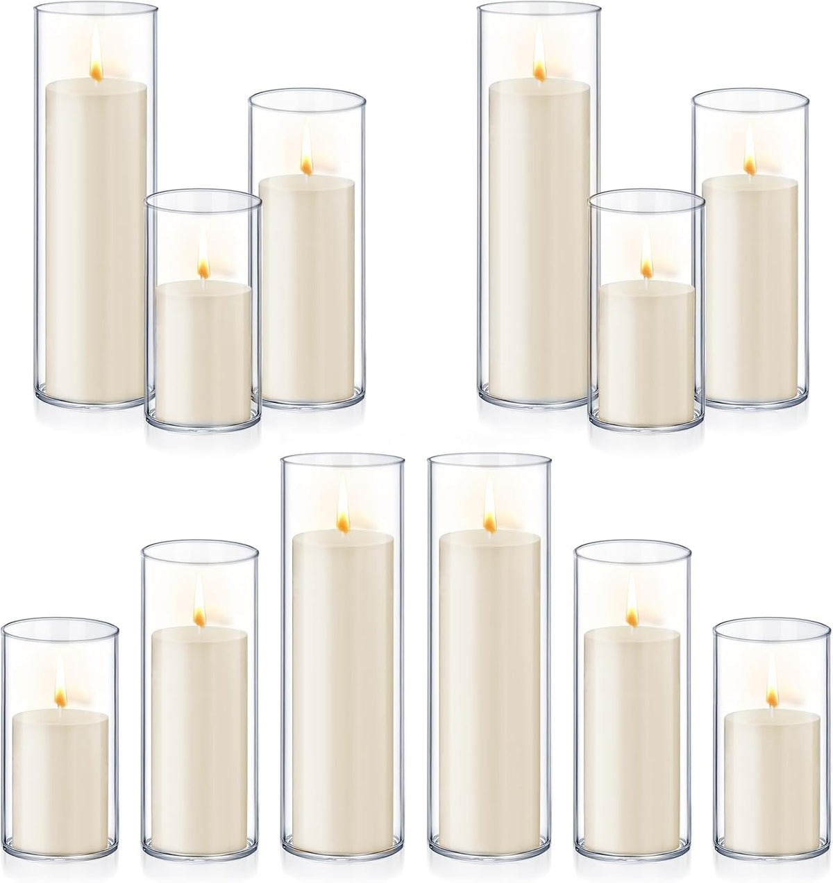 Homjoy 24 PCS Ivory White Pillar Candles with Glass Candle Holders Clear Hurricane Candle Holders Glass Cylinder Vases for Centerpieces Wedding Party, Event, Home Office (12 Candles+12 Candle Hoders)