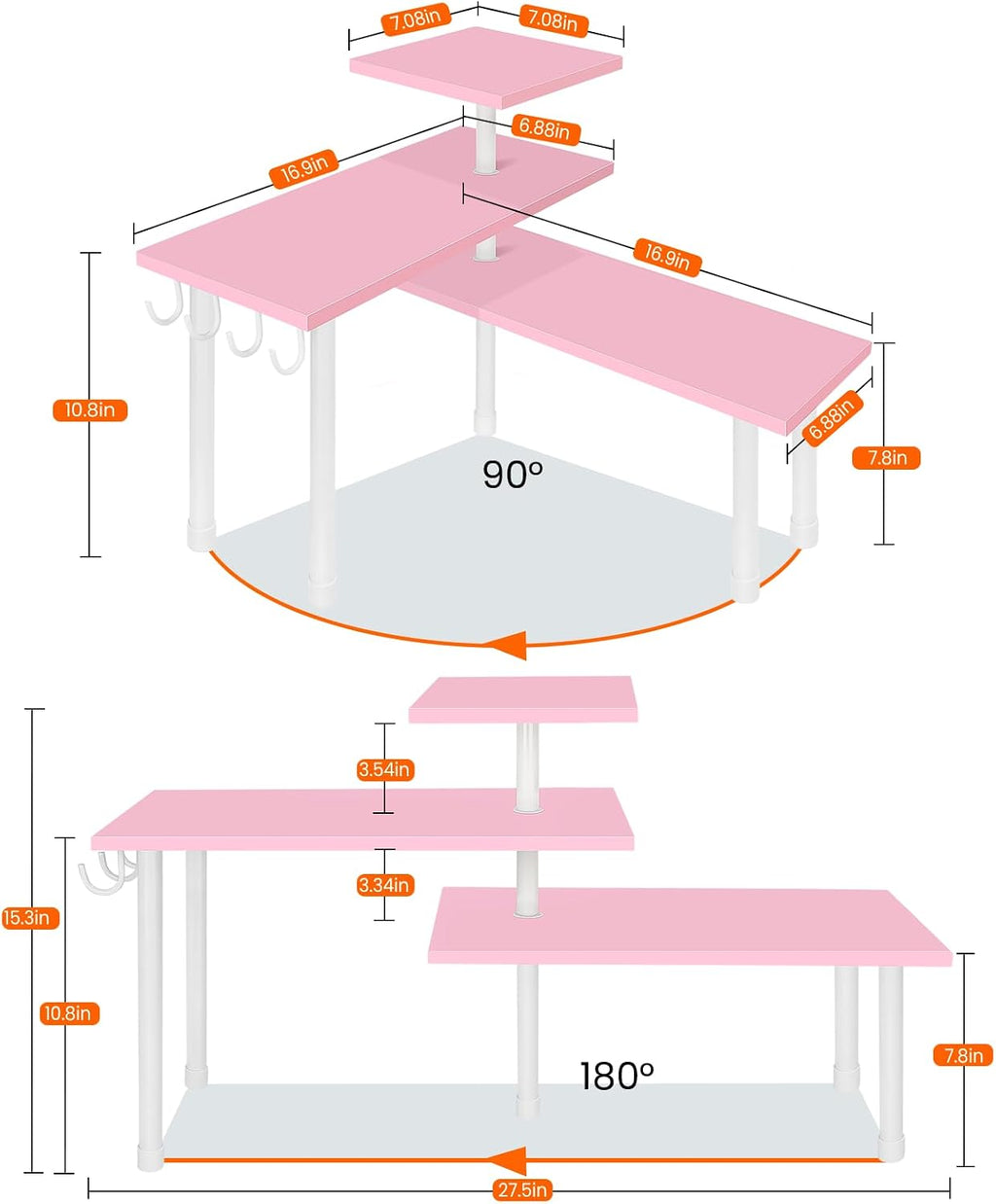 Homode 3-Tier Counter Organizer Shelf for Bathroom, Corner Shelf for Countertop, Over Sink, Make Up, Dresser Table, Desktop - Pink