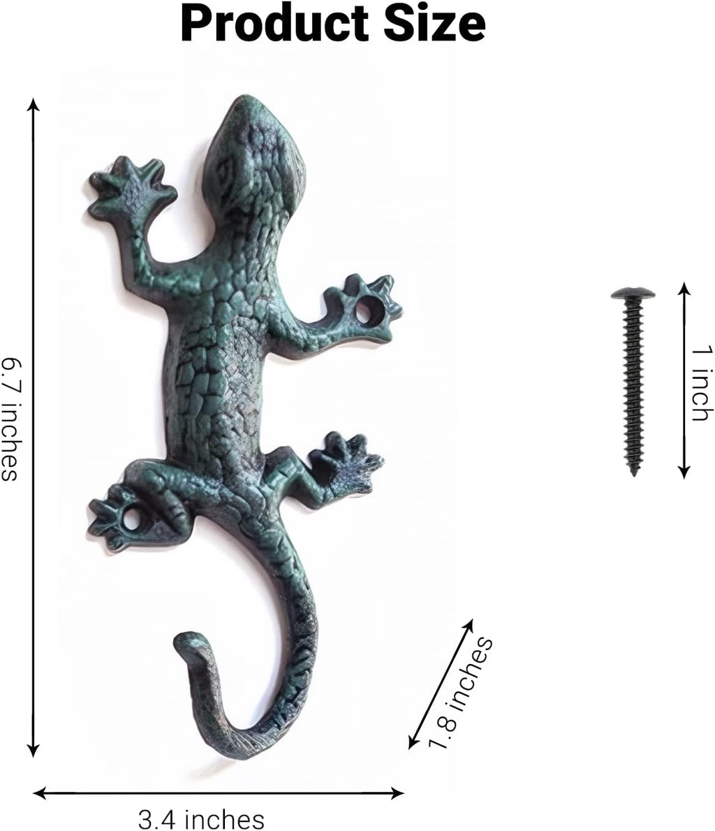 BRONVIA amusediy Lovely Outdoor Cast Iron Pool Towel Wall Hooks, Cool Gecko Heavy-Duty Coat Hooks, Fun Lizard Pool Towel Holder for Outdoor and Indoor， Gecko Key Holder and Wall Décor. Set of 4