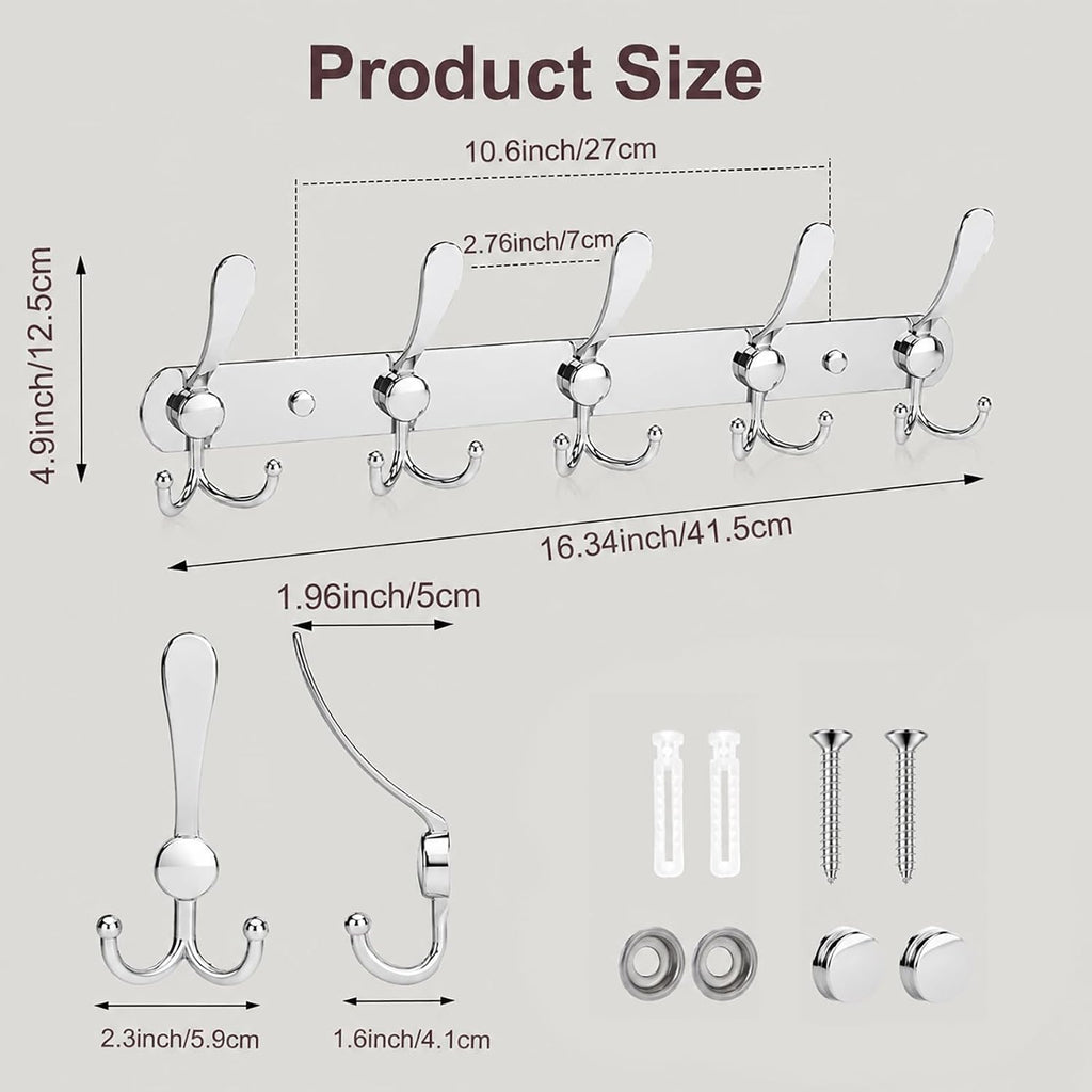 YUNISS Coat Rack Wall Mounted，5 Tri Stainless Steel Coat Hook for Coat Hat Robes Towel in Mudroom Entryway (Sliver, 2 Pack 5 Hook)