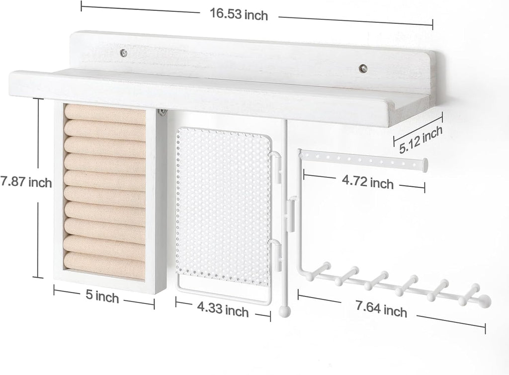 SOLIMINTR Hanging Jewelry Organizer Wall Mount with Rustic Wood Shelf, Ring Display Box, Ear Studs Earring Holder, Rotating Necklace Holder Organizer White