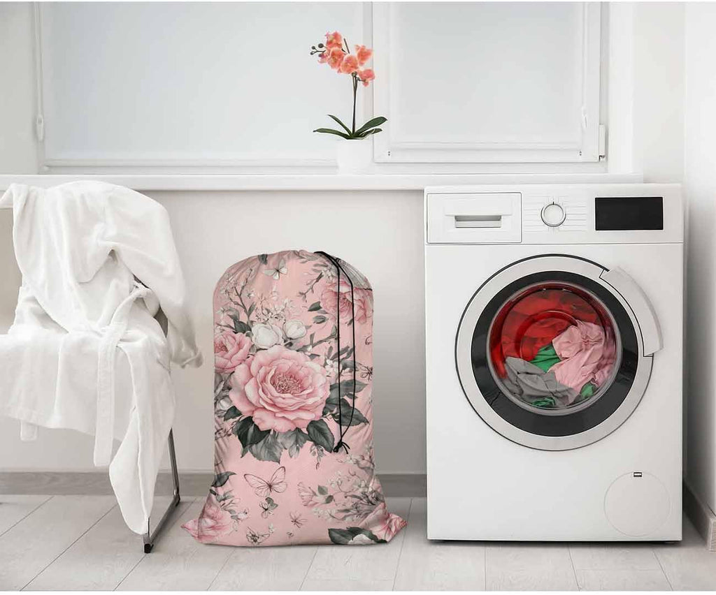 Swono Watercolor Flowers Extra Large Laundry Bag with Drawstring Closure 28"x40", Floral Peonies Rose Leaves Petal Romantic for Home, Dorm and Apartment Dwellers, Pink