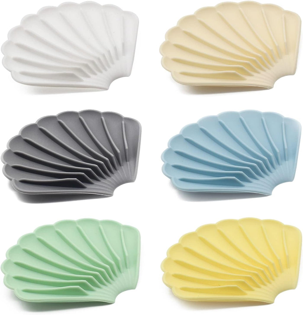6 Pcs Soap Dishes with Drain, Shell Shape Silicone Self Draining Soap Tray Bar Soap Holder for Bathroom Shower Kitchen