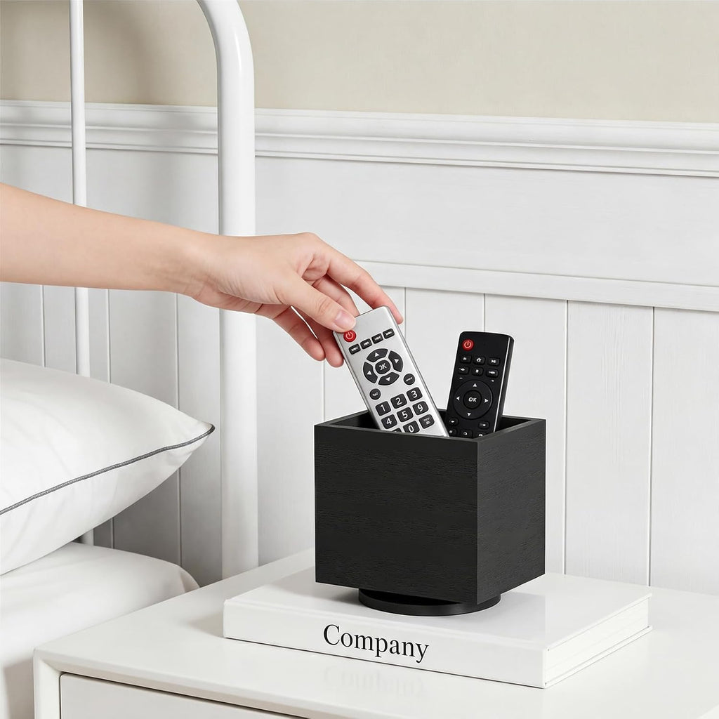 360° Rotating Remote Control Holder, Wooden TV Controller Holder, Remote Holder for Table, Desktop Caddy for Pen, Phone, Small Item Home Office School(Black)