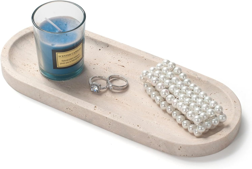 Oval Travertine Stone Tray for Jewelry, Candles, Perfume, Decorative Marble Bathroom Tray for Countertop Organizer 9.8inch x 3.9inch x 0.7inch
