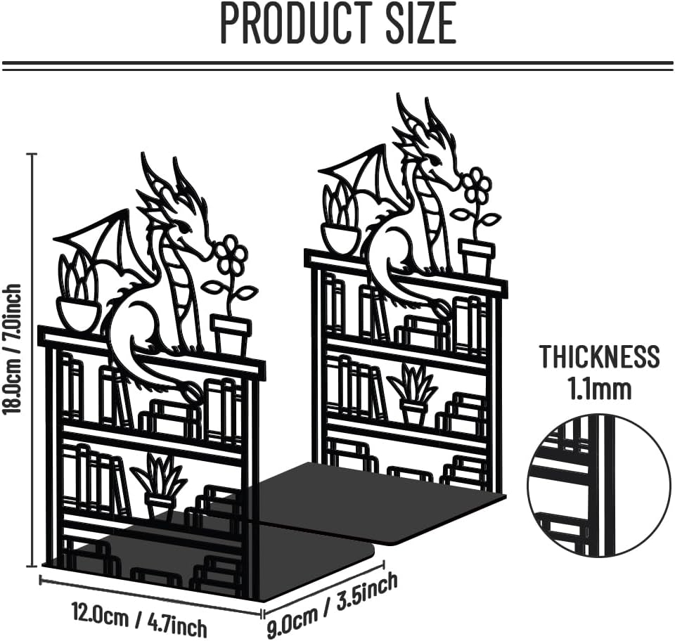 WADORN Dragon Reading Book Metal Bookends for Shelves Decorative 1 Pair, Heavy Duty Books End Support Non-Skid Book Holder Black L-Shaped Book Stopper for Home Office Desk Book Divider, 4.7x3.5x7 Inch