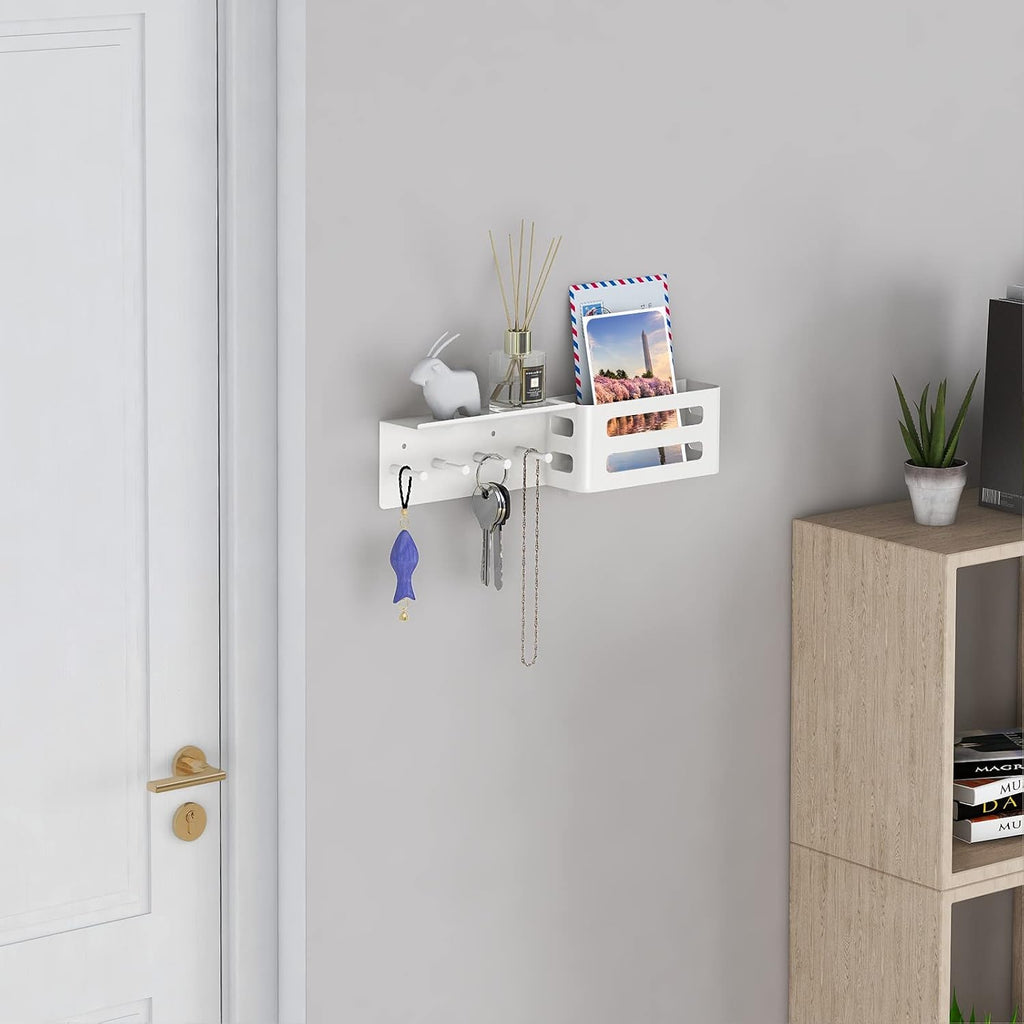 MKO Key Holder Wall Mount, Adhesive Key Hanger with 4 Hooks for Wall, White