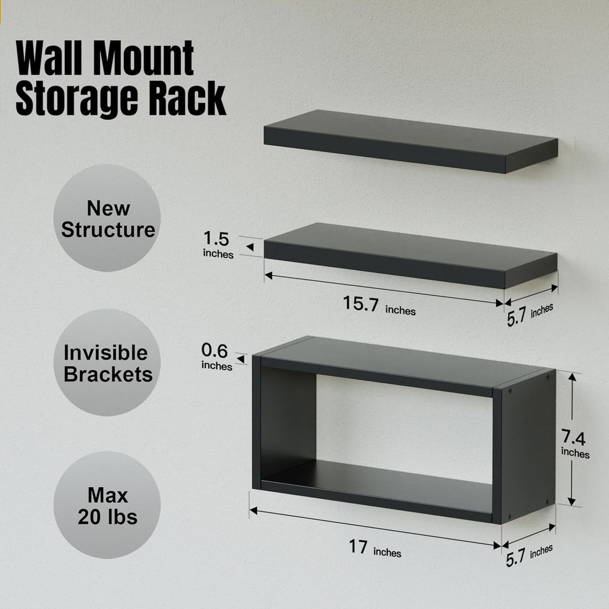 RICHER HOUSE 3-Set Black Floating Wall Shelves, Bathroom Shelf Over Toilet
