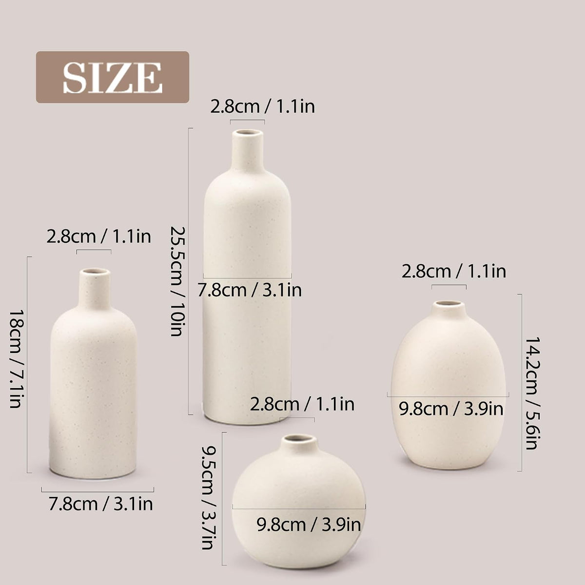 Ceramic Vase Set of 4, Classic Beige White Matte Vases Home Decorations for Table Shelf Office Centerpieces Decor