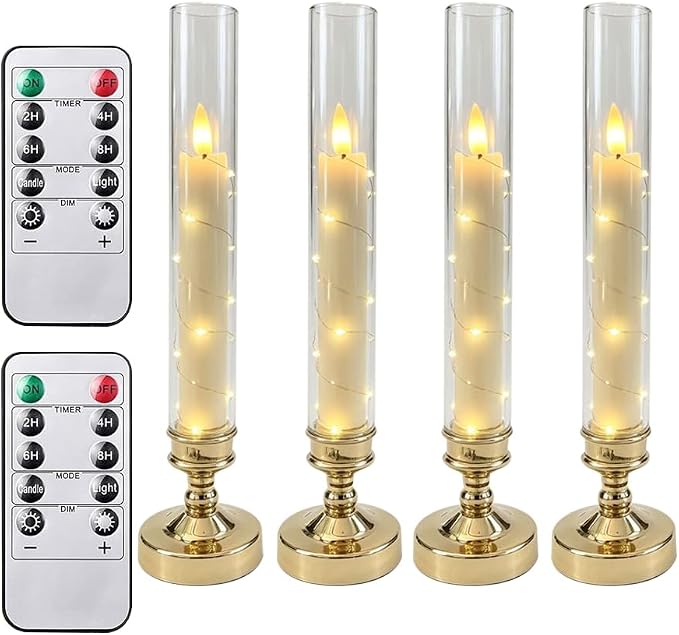 4 Pcs Flameless Candle with Remote Timer, Flickering Battery Operated LED Taper Candles with Embedded Star String Gold Candle Holders for Home, Wedding, Party Christmas Window Candles