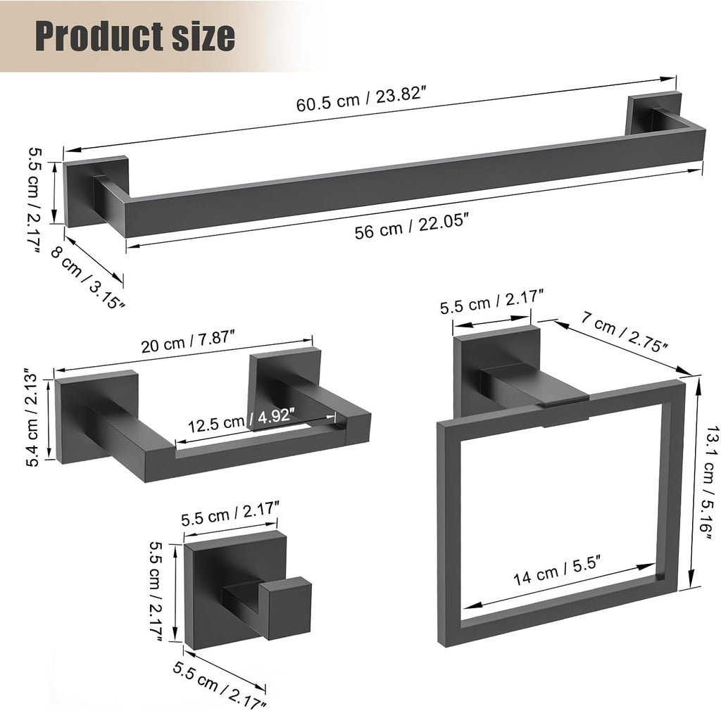 TQKAG Matte Black Bathroom Hardware Accessories Set 5 Pieces, Double Post Pivoting Toilet Paper Holder Set Stainless Steel Square Bathroom Towel Bar Holder Set Wall Mounted