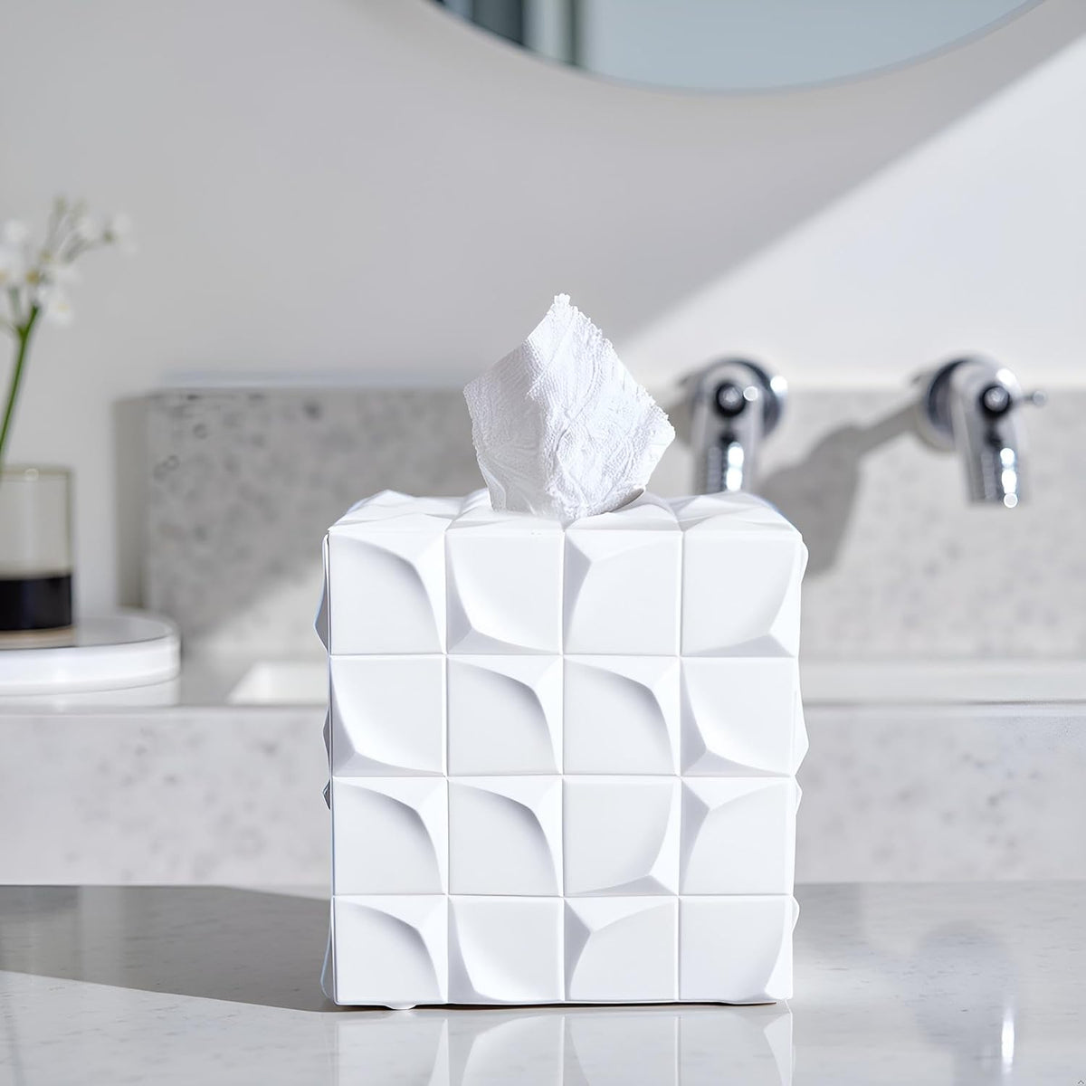 Square Tissue Box Cover Decorative Kleenex Box Holder for Bathroom & Living Room with Handcrafted Texture (White)