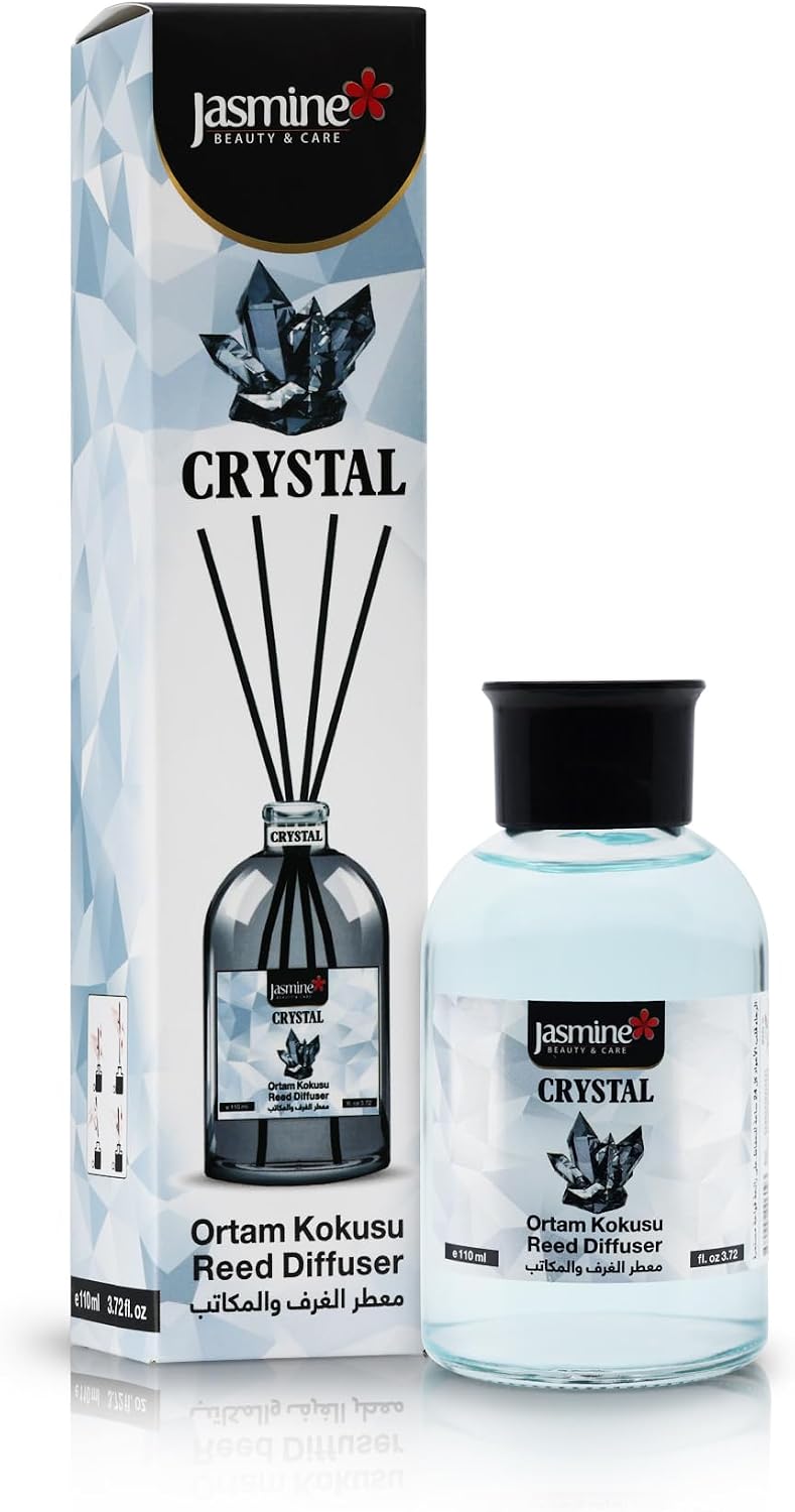 Turkish Jasmine Reed Diffuser Set 3.72 Fl. Oz (110ml), with 4 Reed Sticks. for Your Office, Bedroom, Bathroom, Kitchen. Elegant Fragrance for Your Entire Home (Crystal)