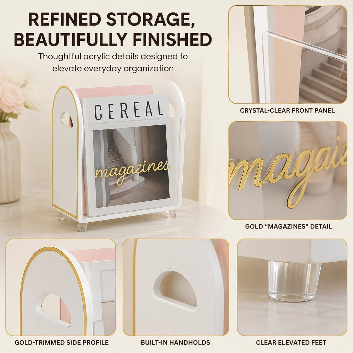Khen Acrylic Magazine Rack Holder & Gold Trim - 12.40" x 10" x 4.49" - Crystal Lucite Clear - Shatterproof - Open Top - Space Saver - For Magazines, Publications, Office Desk, Reception, Waiting Room