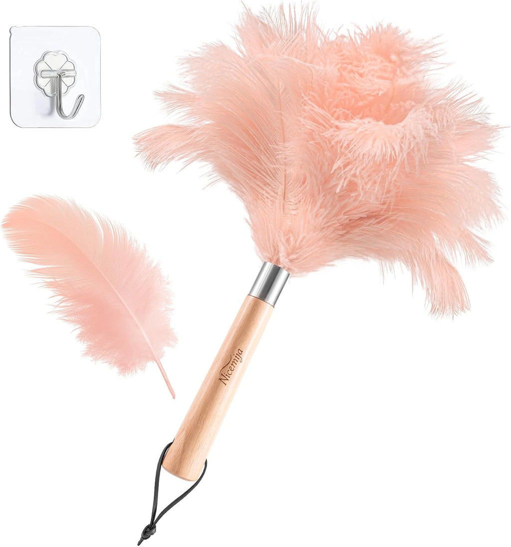Pink Ostrich Feather Duster for Cleaning with Wooden Handle, 13.5 Inch