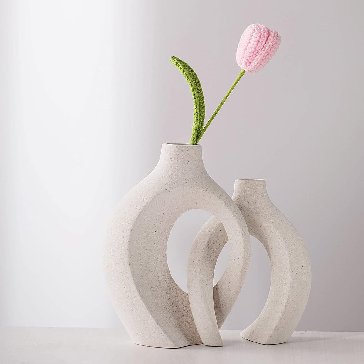 Liotww Off White Ceramic Flower Vase Home Decor Shaped Hollow Vase Set of 2