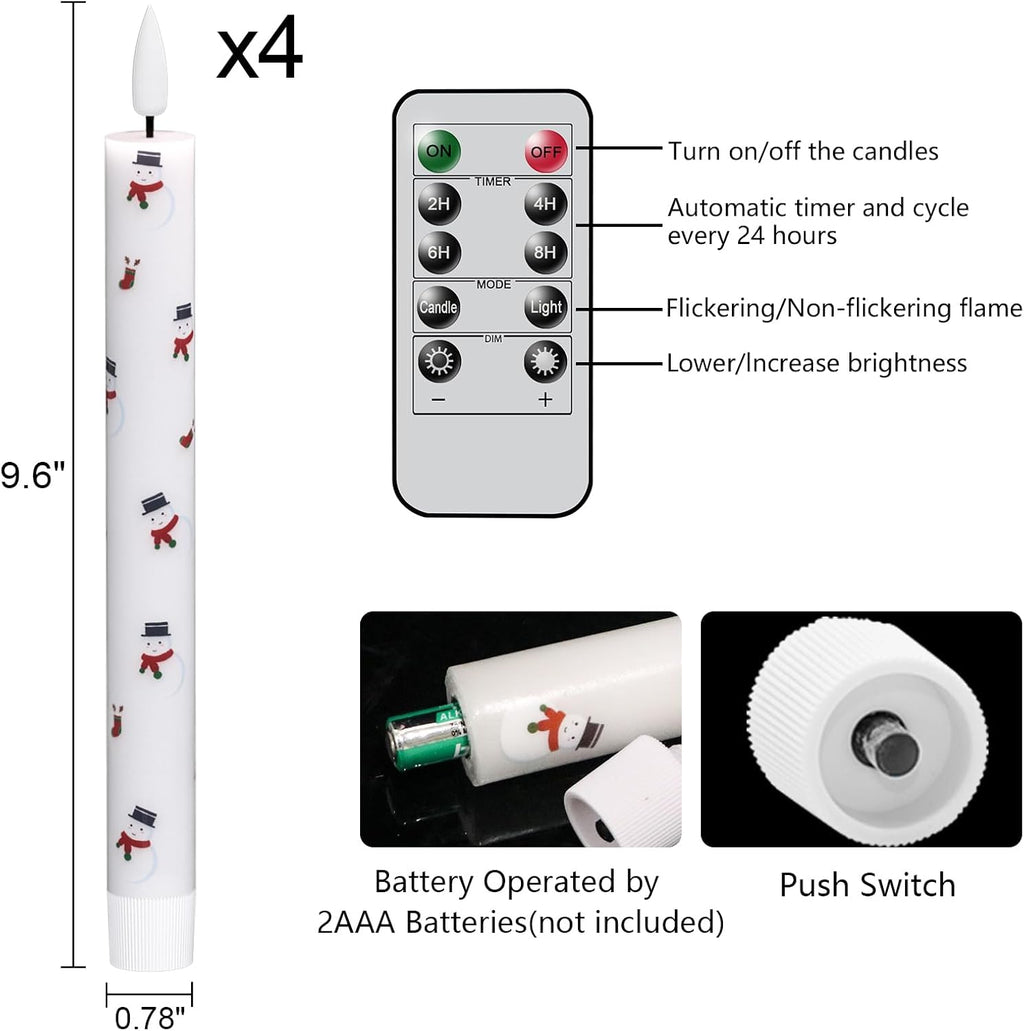 GenSwin Christmas Taper Candles with Snowman Decals, 4 Pack LED Taper Candles with Timer, Real Wax Flickering LED Flickering Flameless Candlesticks with Christmas Prints for Home Decor(0.78” x 9.6”)