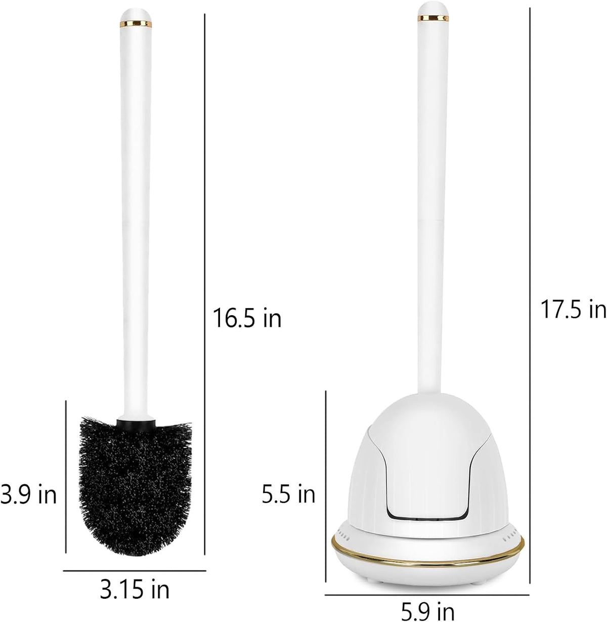 Gold Toilet Brush and Holder Set, Auto-Open Lid, Ventilated Base, White