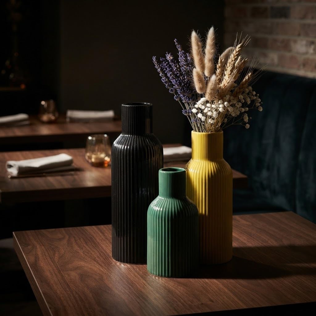 Colorful Ceramic Vases Set of 3,Smooth Vertical Ribbed, Minimalist for Pampas Dried & Fresh Flowers, Centerpiece for Living Room, Shelf, Entryway, Wedding (Black, Deep Green,Yellow)