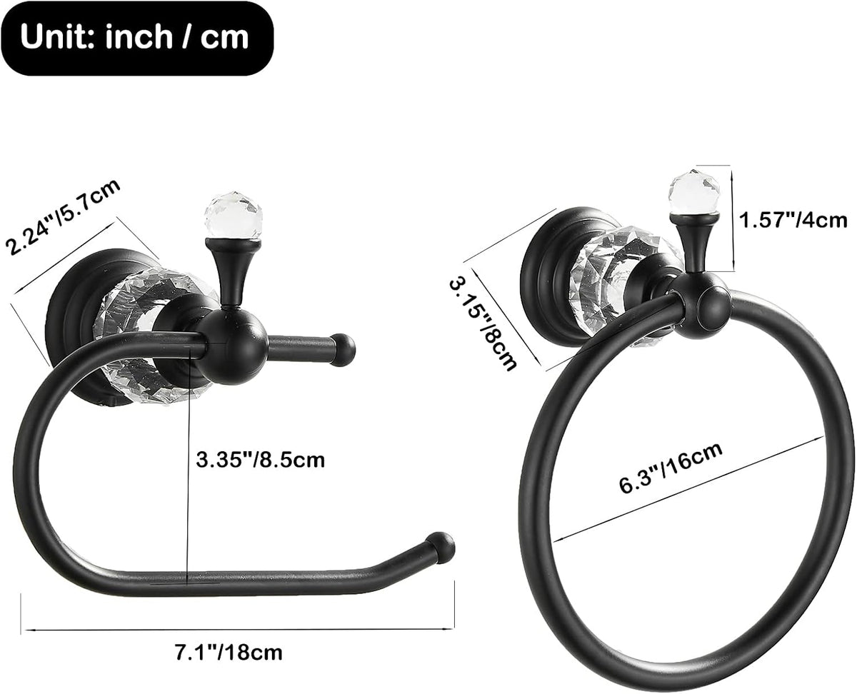 WOLIBEER Crystal Towel Ring,Matte Black Toilet Paper Holder Stand Hand Towel Holder Towel Hook Tissue Roll Paper Holder Towel Hanger Bathroom Hardware 2 Pieces Sets Wall Mounted