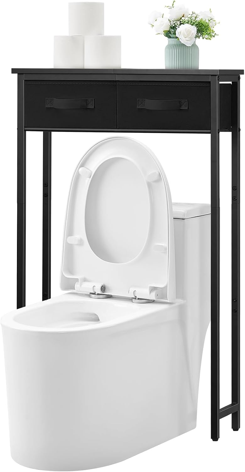 MOHOPE 2-Tier Over The Toilet Storage with 2 Fabric Drawers, Freestanding Above The Toilet Storage Cabinet, Space Saver Metal Over Toilet Bathroom Organizer Shelf for Small Space, Black