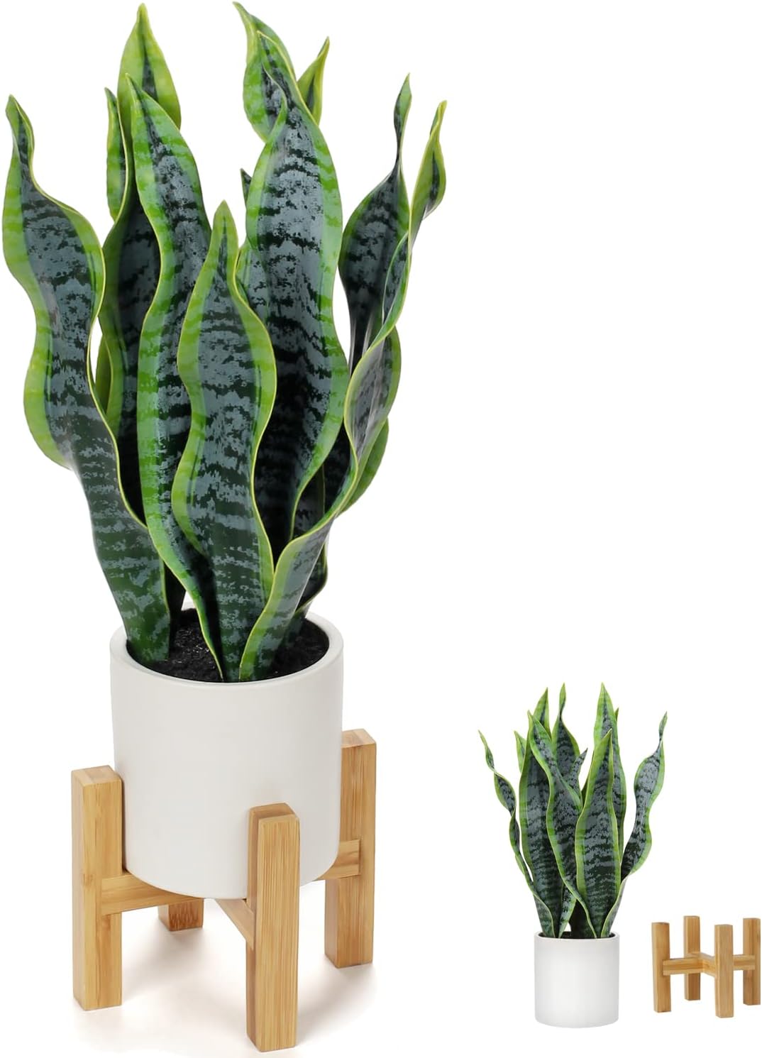Hollyone Artificial Snake Plant Potted with Solid Wood Plant Stand, 19" Faux Sansevieria Tropical White Ceramic Pots Fake Plants for Home Office Indoor Decor Housewarming Gift