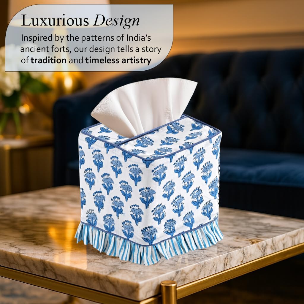 CPC 100% Cotton Ruffle Block Print Tissue Box Cover, Apatite Blue