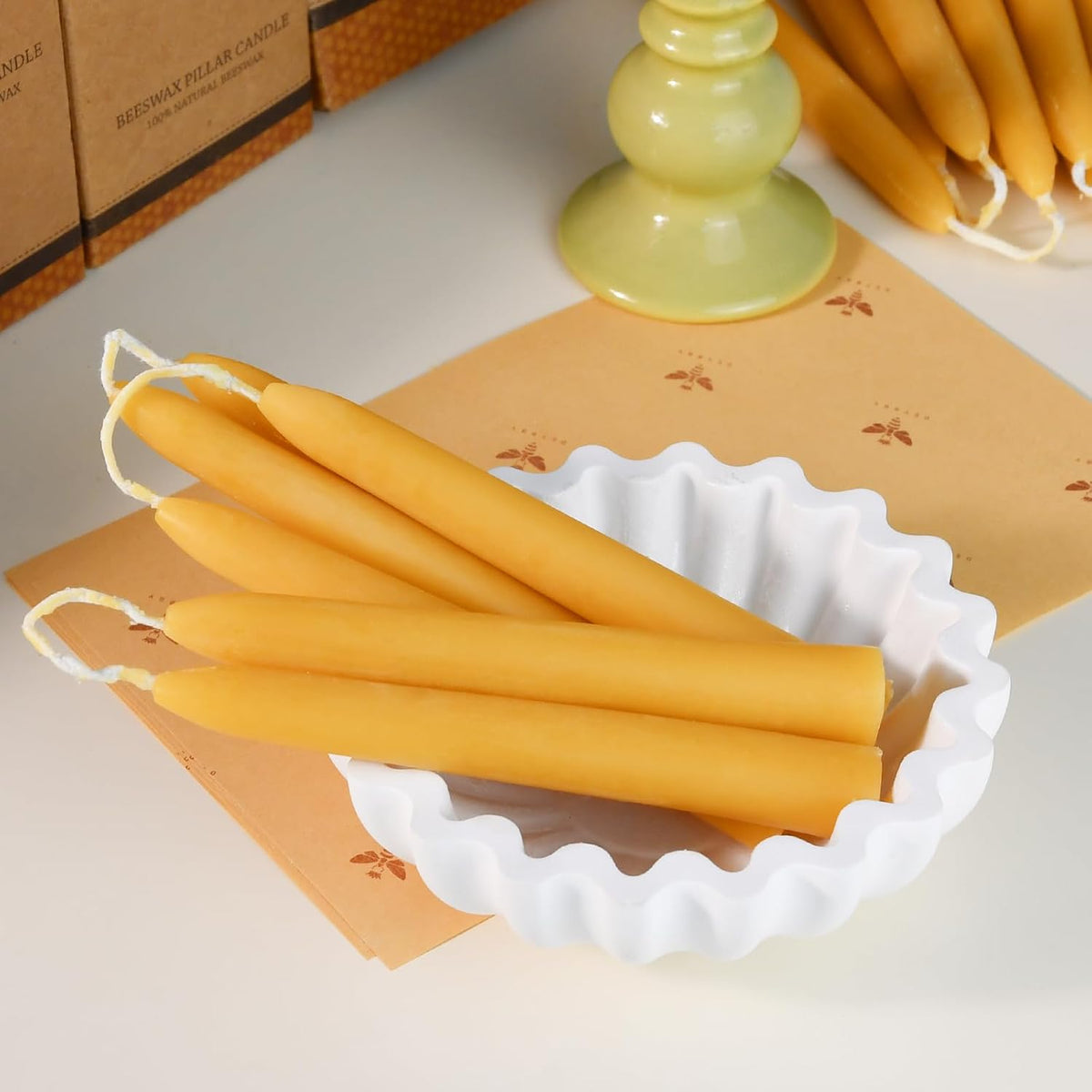DEYBBY Beeswax Taper Candles, 6 Inch, Unscented, Natural, 12 Pack