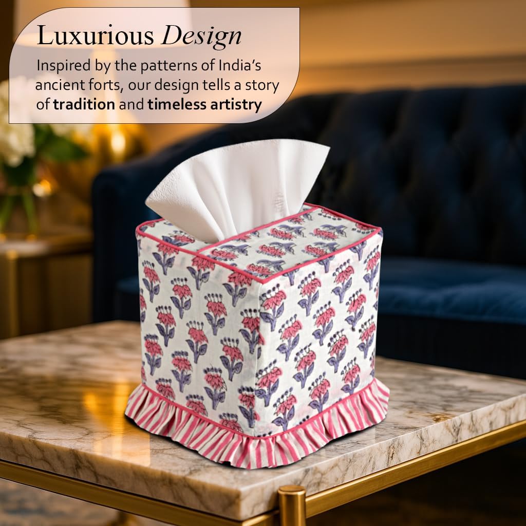 CPC 100% Cotton Ruffle Block Print Tissue Box Cover, Pink Sapphire