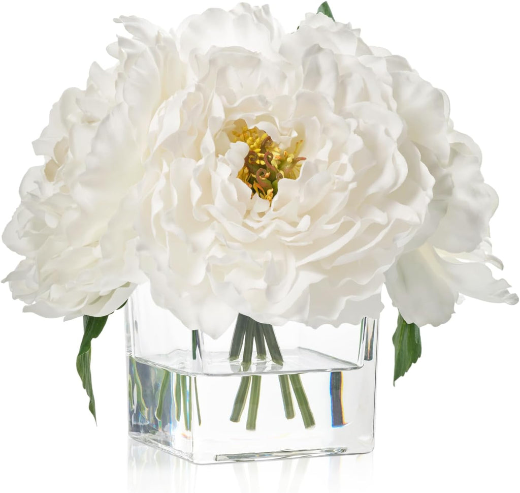 Artificial Peonies Flowers Arrangement in Cube Glass Vase, WELLKNOWN Ivory White Silk Flowers Centerpiece for Home Party Wedding Dining Coffee Table Decor, Faux Peony Flower Bouquet with Fake Water