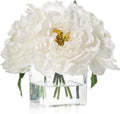 Artificial Peonies Flowers Arrangement in Cube Glass Vase, WELLKNOWN Ivory White Silk Flowers Centerpiece for Home Party Wedding Dining Coffee Table Decor, Faux Peony Flower Bouquet with Fake Water