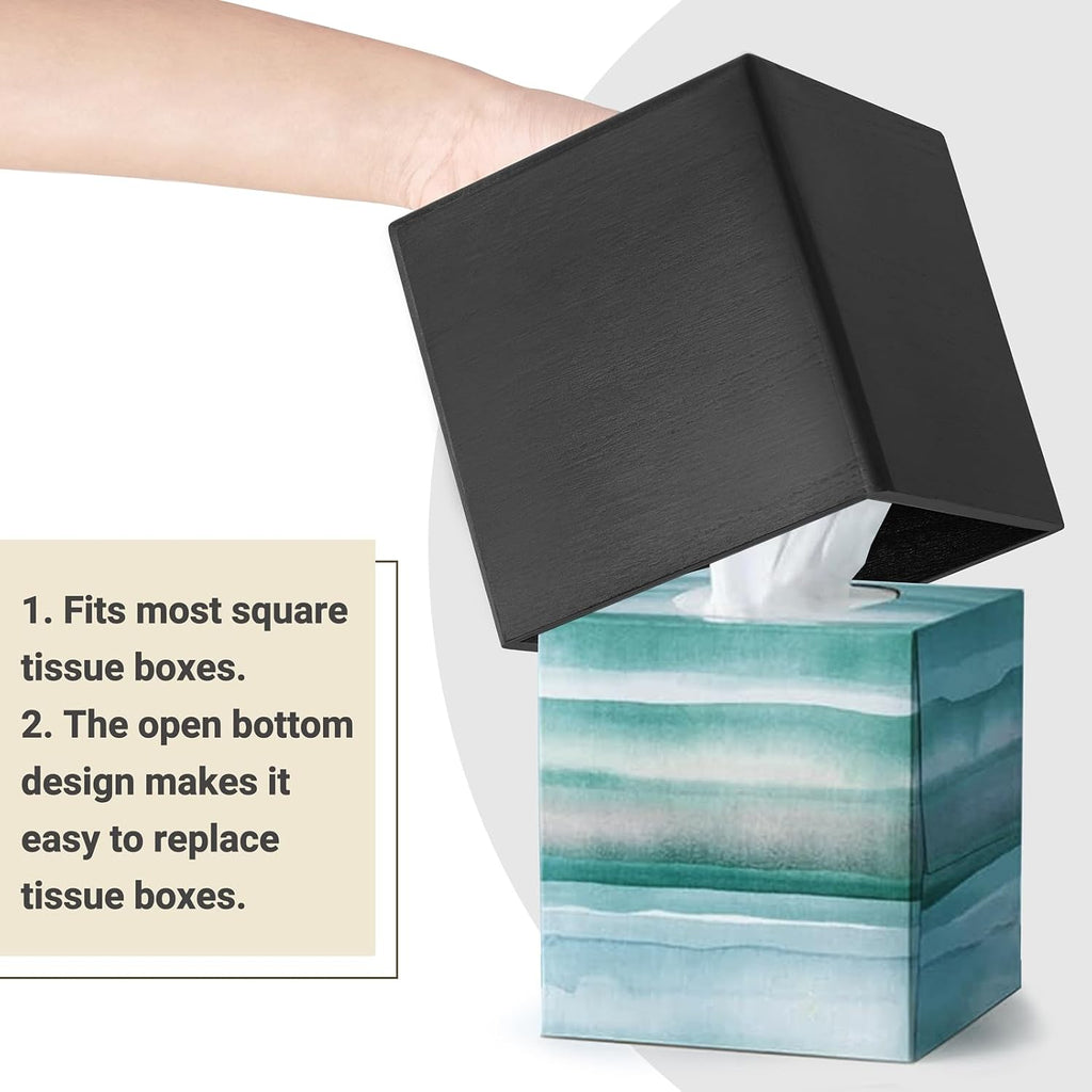 Mkono Tissue Box Cover Square, Rustic Wood Open-Bottom Holder, Black