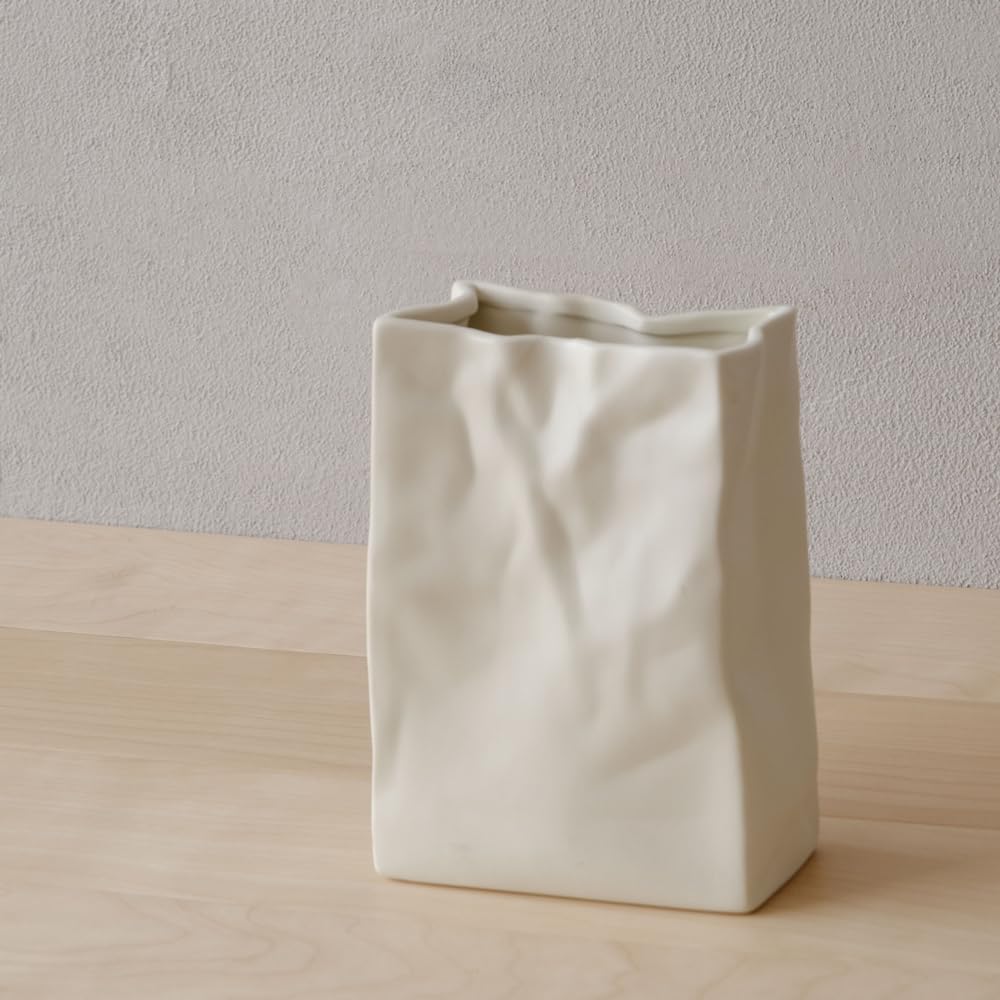 WENSHUO Flower Vase, Ceramic Crinkle Paper Bag Vase, 7.87 x 5.7 in, Crème