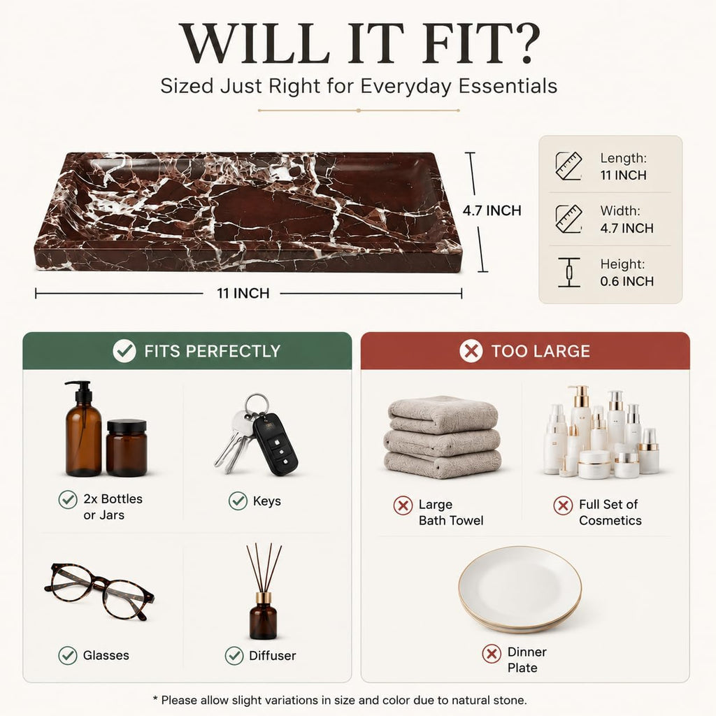 Marble Decorative Tray for Home Decor, Red Vanity Tray for Bathroom Countertop, Small Perfume Tray for Dresser, Luxury Stone Organizer for Jewelry, Candles & Skincare, 11 x 4.7 in