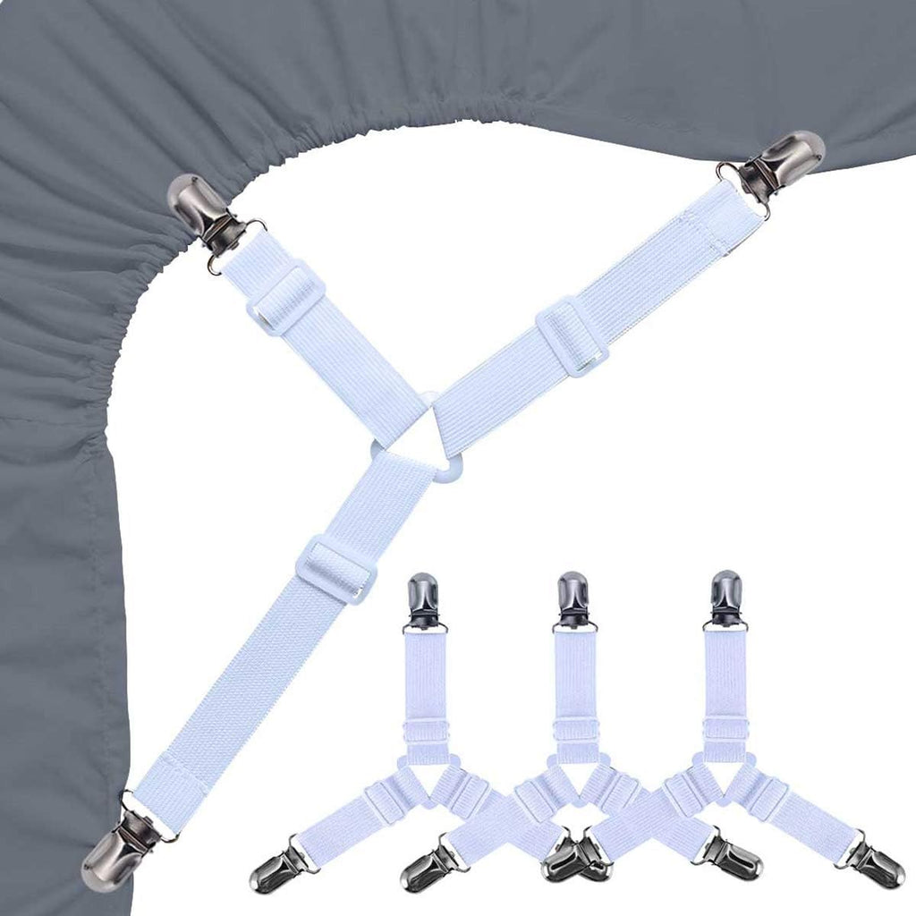 Bed Sheet Holders Straps Fasteners - 4 Pcs Triangle Sheet Fasteners Fitted Sheet Corner Holder Elastic Adjustable Band Sheet Holders Clip Suspenders Grippers(White)